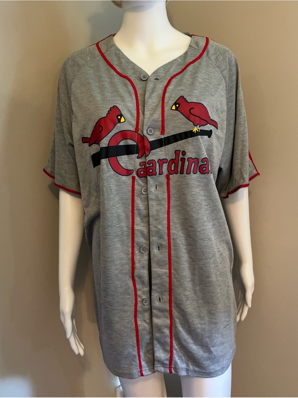 Cardinals Baseball Button-Up Jersey - Gray with Red XL